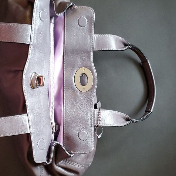 COACH Garnet Turn Lock Purse Satchel in Gray Leather Lavender Purple lining NWOT - Picture 14 of 16